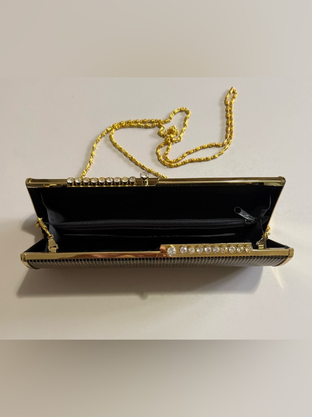 Gold and Black Cylinder Crossbody Clutch with Rhinestones. - Picture 7 of 9